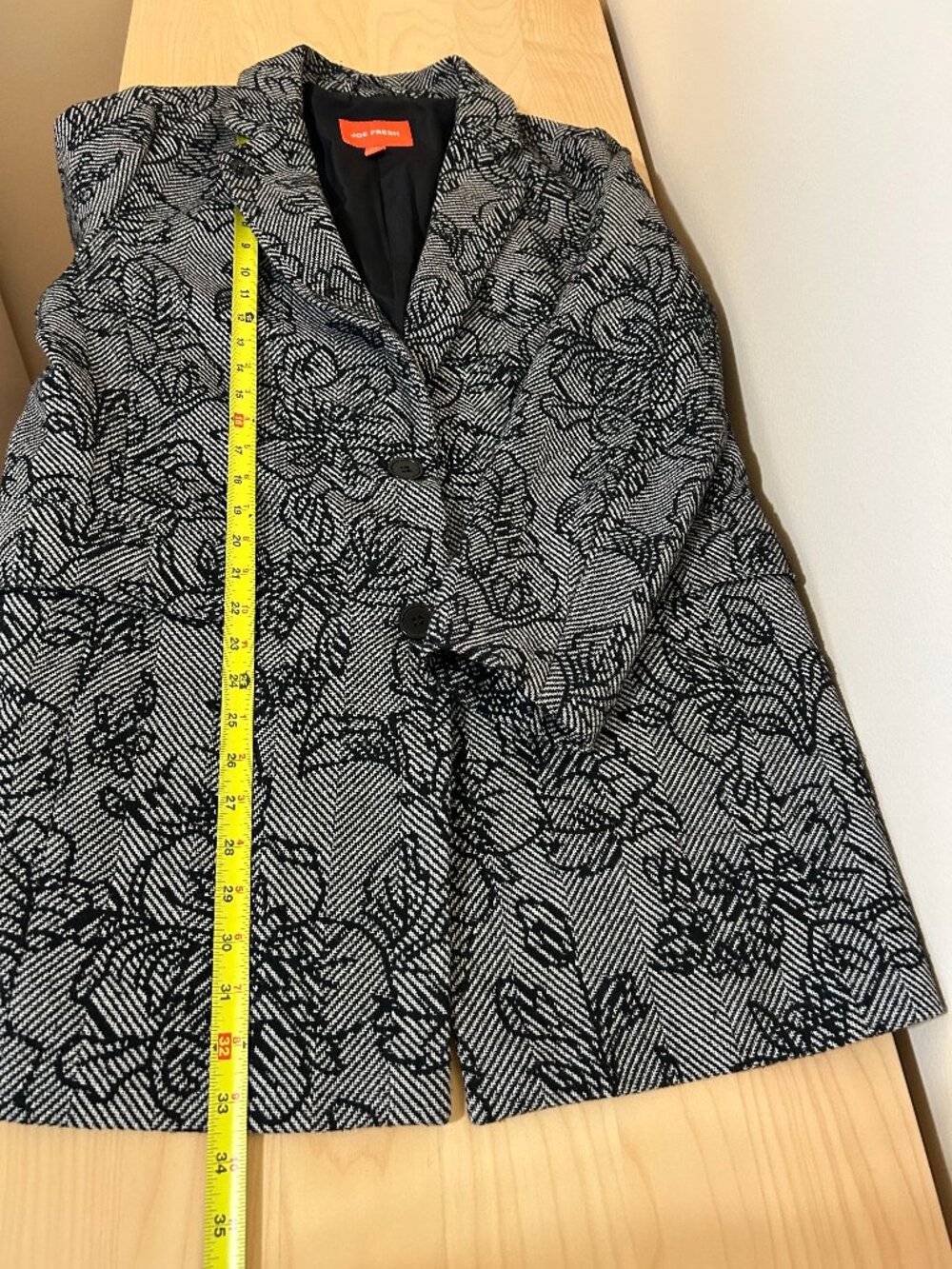 Joe Fresh Jacquard Herring Bone & Floral Print Coat Black & Cream Size L - Picture 5 of 8